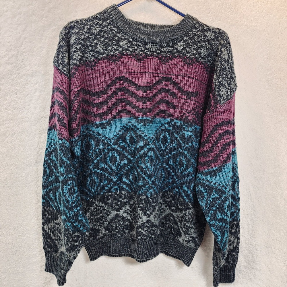 90s Vintage Mens Abstract 3D Knit Sweater Size Medium Chunky Cosby Retro Grandpa